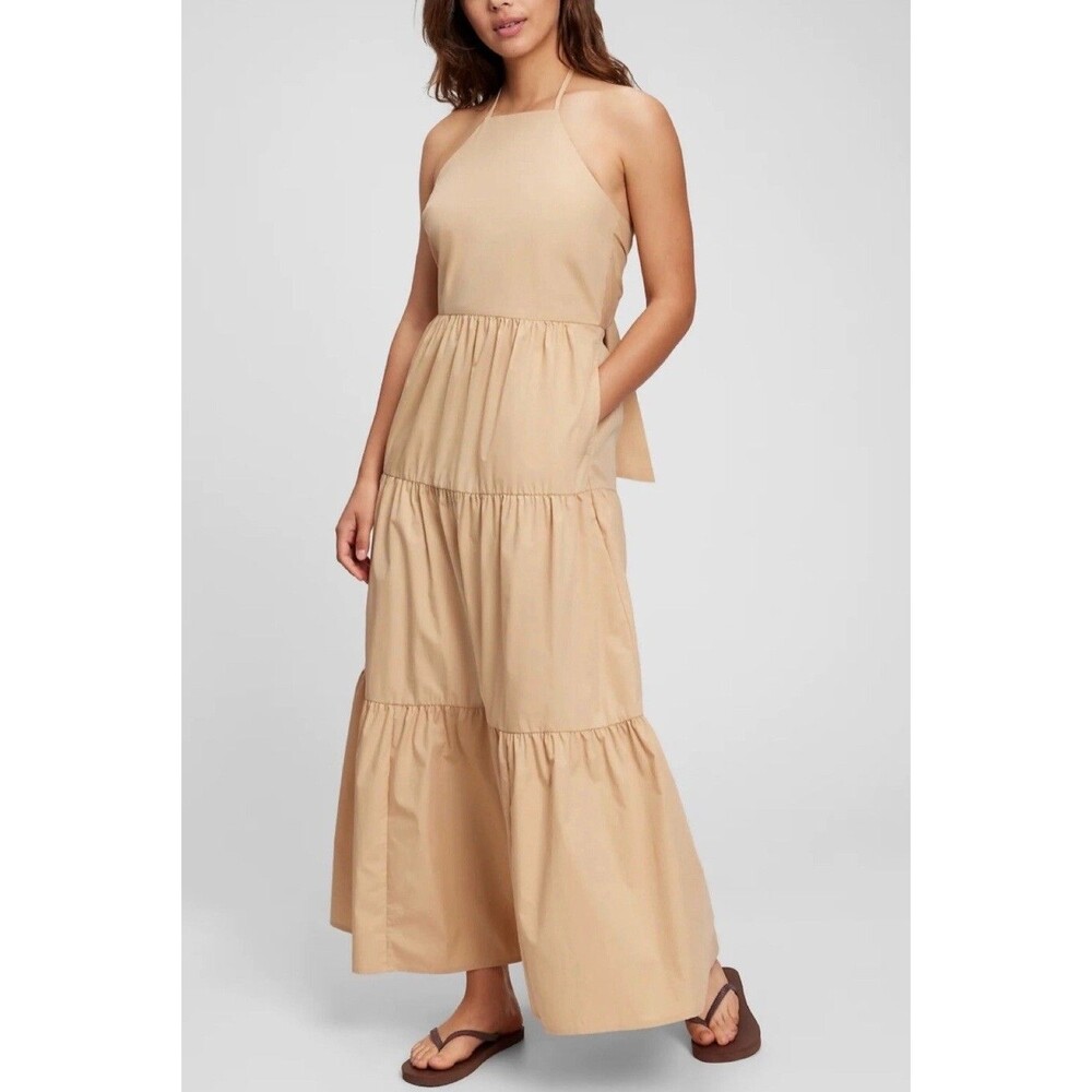 Gap Dress Women Khaki Tiered Tie Back Maxi Preppy Cotton Boho Vacay Sz 8 NWT